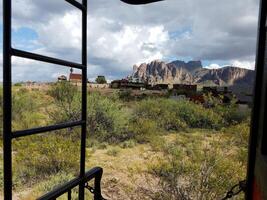 View of the Superstition Mountains from Aboard the Goldfield Train, Arizona photo