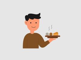 This is a flat illustration of a man holding a tray with a piece of cake vector