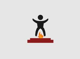 This is a minimalist illustration of a stick figure standing on a platform with fire below vector