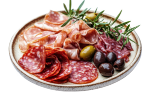 plate image, showcasing cured meats, appetizer spread, and culinary presentation details. png