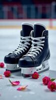 A pair of ice hockey skates on the rink surface, surrounded by delicate pink flower petals, blurred outlines of stadium seating in the background photo