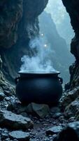 A large, steaming dark cauldron in the center of a rocky cave, surrounded by deep shadows and dim lights, with wisps of mist rise from the bubbling liquid. photo