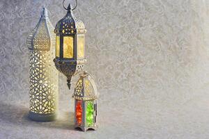 Eid al Fitr, Ramadan Kareem, Ornate Lanterns with glowing lights photo