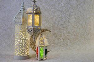 Eid al Fitr, Ramadan Kareem, Ornate Lanterns with glowing lights photo
