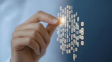 Hand Interacting with Glowing Binary Code Stream photo