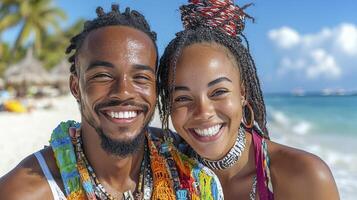 Happy Couple on Tropical Beach, Smiling Brightly photo