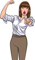 Glamorous female character in bright colors, pointing with excitement.. png