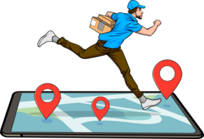 A sign showing a young delivery man in a blue uniform running on a smartphone, showing the accuracy and speed of his delivery. png