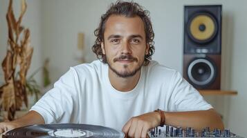 Man with Curly Hair at Turntable in Home Studio photo