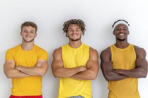 Smiling Diverse Men in Yellow Shirts, Arms Crossed photo