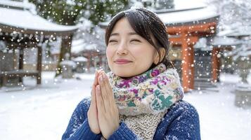 Serene Woman Praying in Snowfall at Japanese Shrine photo