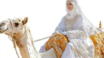 Woman in White Robe Riding a Camel photo