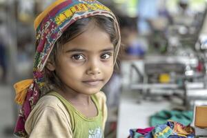 Dust-Covered Girl in Colorful Headscarf, Industrial Setting photo