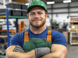 Smiling Male Factory Worker in Green Hard Hat and Overalls photo