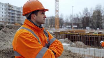 Focused Construction Worker in Snowy Site photo