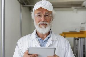 Smiling Senior Man in White Lab Coat Holding Tablet photo