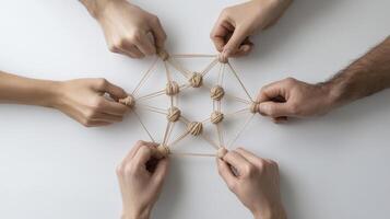 Interconnected Beige Spheres Network Held by Six Hands on White Background photo