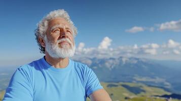 Senior Man Contemplates Mountain View Under Bright Sky photo