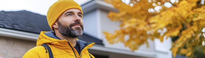 Man in Yellow Knit Hat and Jacket Contemplates Autumn Scenery photo