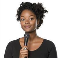 Confident Young Black Woman Speaking into Microphone photo