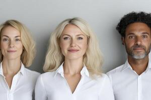 Portrait of Diverse Colleagues in White Shirts Against Gray Background photo