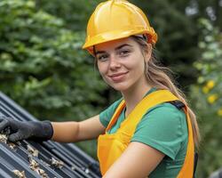 Smiling Female Construction Worker Cleaning Roof photo