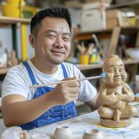 Smiling Artist Painting Small Clay Statue in a Workshop photo