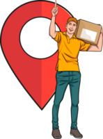 Comic delivery man pointing at a location pin while holding a box. png