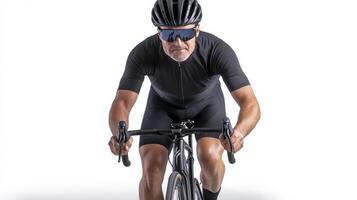 Senior Cyclist in Black Cycling Gear on White Background photo