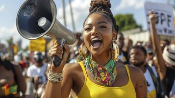 Woman Leading a Protest with Megaphone photo