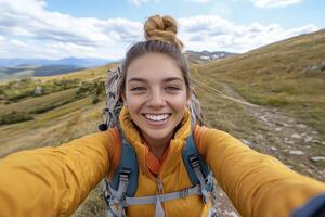 Smiling Woman Hiker Selfie On Mountain Trail photo