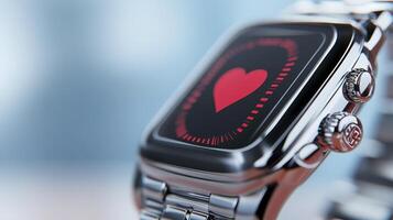 Silver Smartwatch with Red Heart Icon Display photo