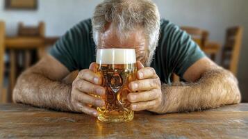 Dejected Man with Beer Mug in Rustic Pub photo