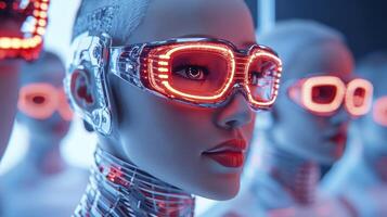 Futuristic Woman in Glowing Red Goggles, Cyberpunk Style photo