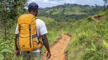 Man Hiking on Lush Green Hill Trail photo