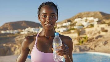 Hydrated Woman by the Pool in a Mountainous Setting photo