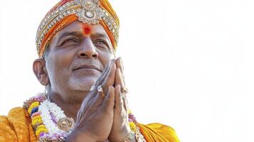 Man in Traditional Attire with Hands Pressed Together photo