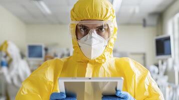 Person in Yellow Protective Suit Using Tablet in Hospital photo