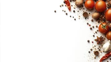 Red Tomatoes and Assorted Spices on White Background photo