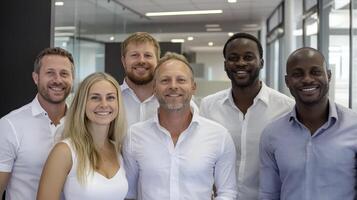 Smiling Diverse Business Team in Modern Office Hallway photo