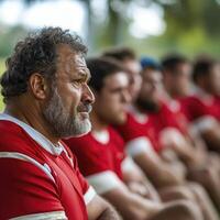 Sweating Rugby Player in Red Jersey on Team Bench Outdoors photo