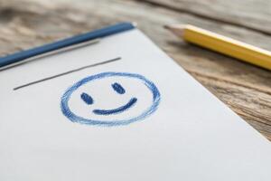 Blue Crayon Smiley Face Drawing on Notepad photo