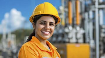 Smiling Female Engineer in Yellow Hard Hat at Industrial Site photo