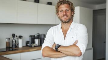 Smiling Man in White Shirt Standing in Modern Kitchen photo