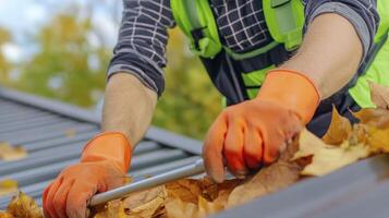 Worker Cleaning Autumn Leaves From Roof Gutter photo