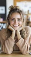 Smiling Young Woman with Freckles in a Cafe photo