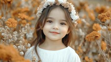 Smiling Girl in White Knit Sweater and Flower Crown Autumn Field photo
