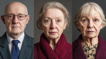 Studio Portraits of Three Senior Adults Against Gray Background photo