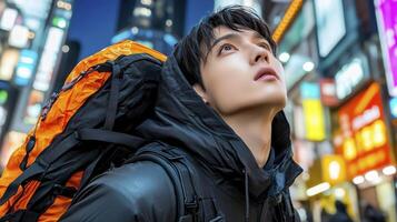 Young Man Gazing Up at City Lights at Night photo