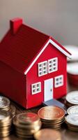 Red House Model and Coins on Wooden Surface photo
